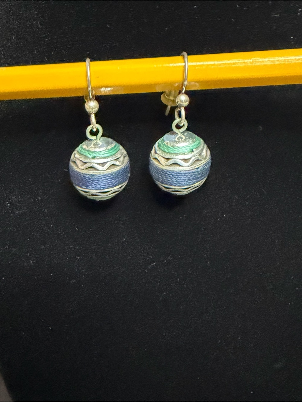 Brighton retired vintage Handcrafted Blue and Green Thread Ball Drop Earrings